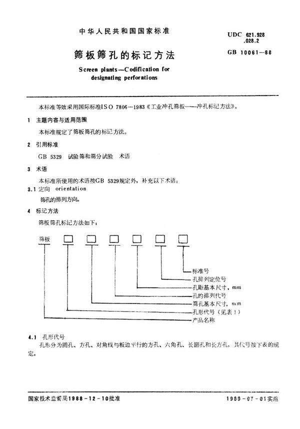 GB 10061-1988 筛板筛孔的标记方法