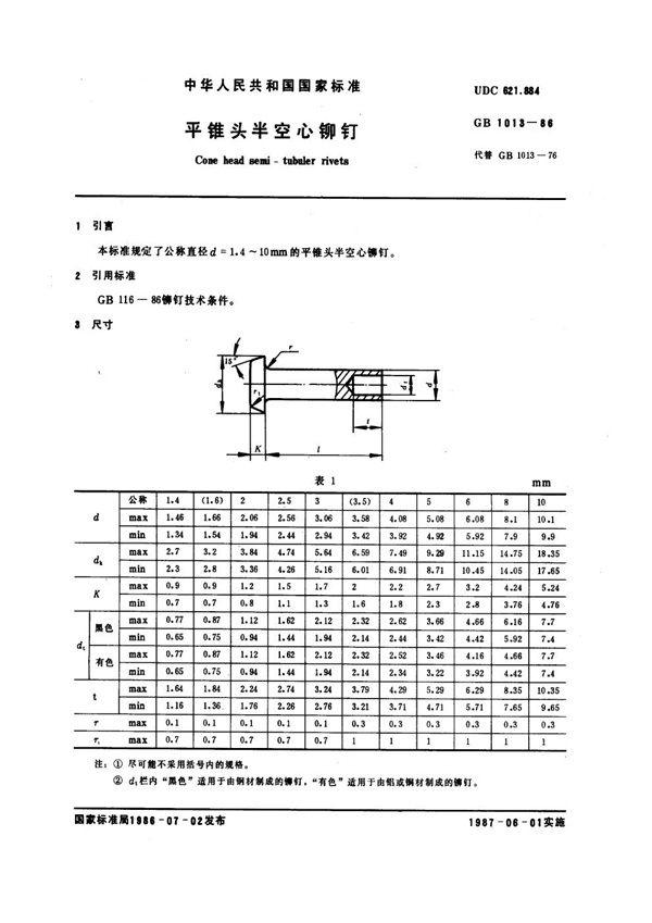 GB 1013-1986 平锥头半空心铆钉