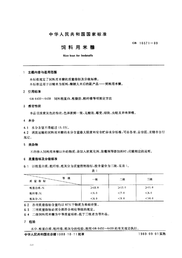 GB 10371-1989 饲料用米糠