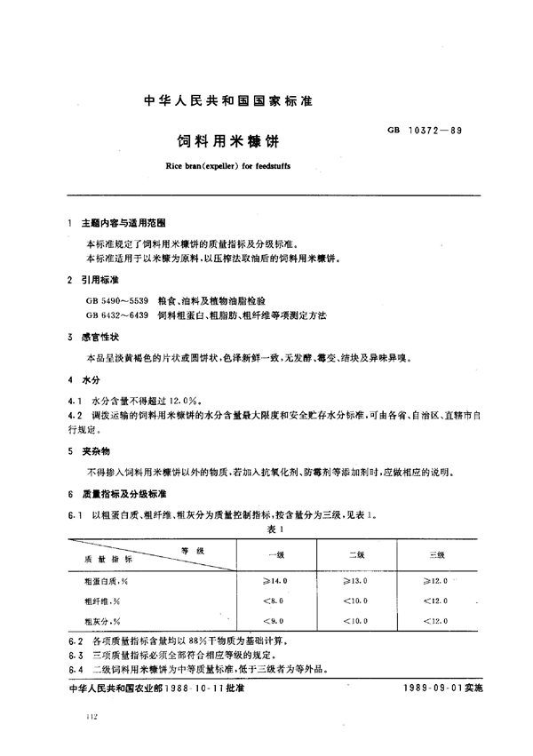 GB 10372-1989 饲料用米糠饼