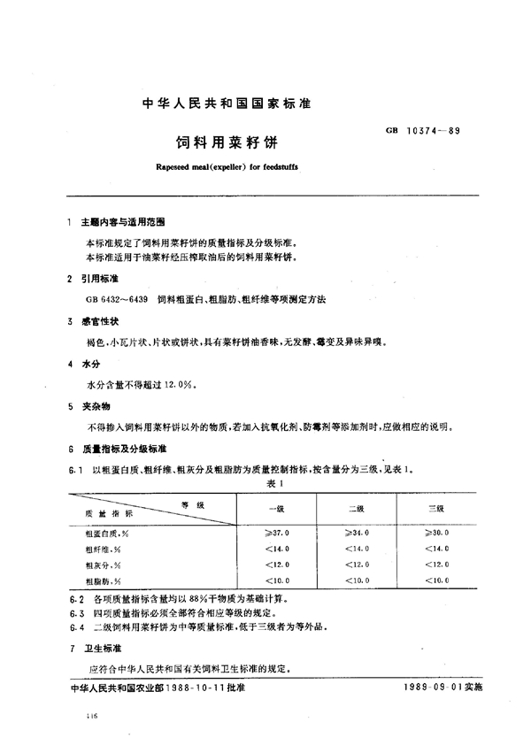 GB 10374-1989 饲料用菜籽饼