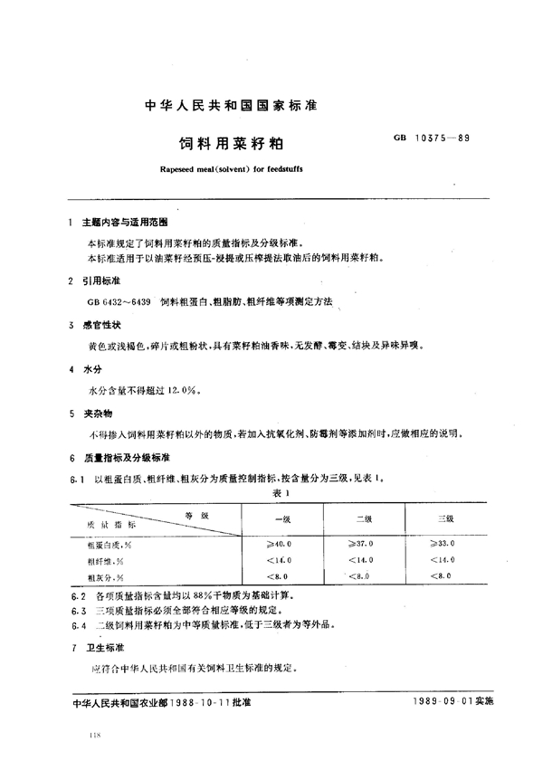 GB 10375-1989 饲料用菜籽粕