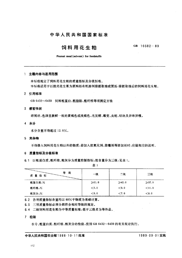 GB 10382-1989 饲料用花生粕