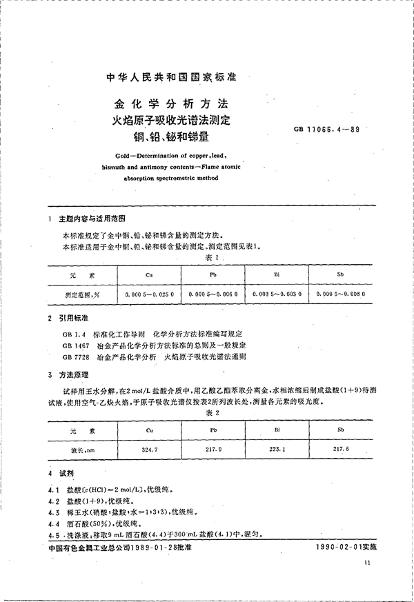 GB 11066.4-1989 金化学分析方法 火焰原子吸收光谱法测定 铜、铅、铋和锑量