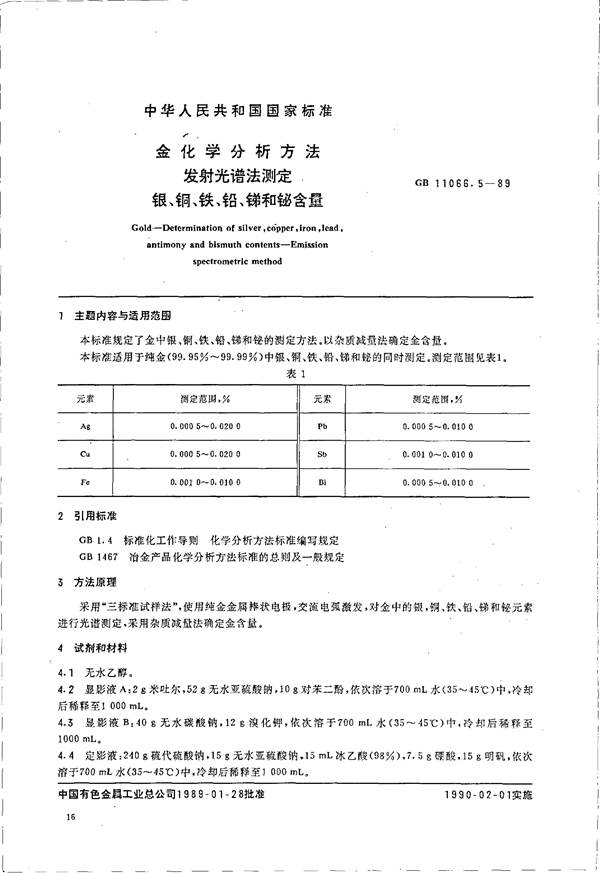 GB 11066.5-1989 金化学分析方法 发射光谱法测定 银、铜、铁、铅、锑和铋含量