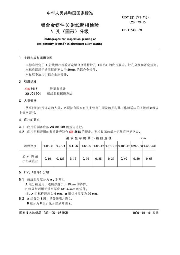 GB 11346-1989 铝合金铸件X射线照相检验 针孔(圆形)分级