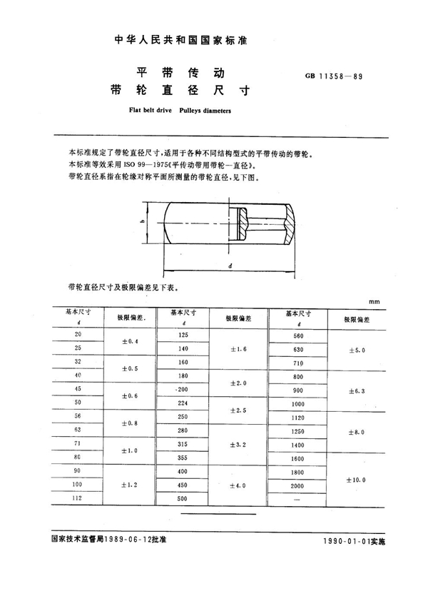 GB 11358-1989 平带传动 带轮直径尺寸