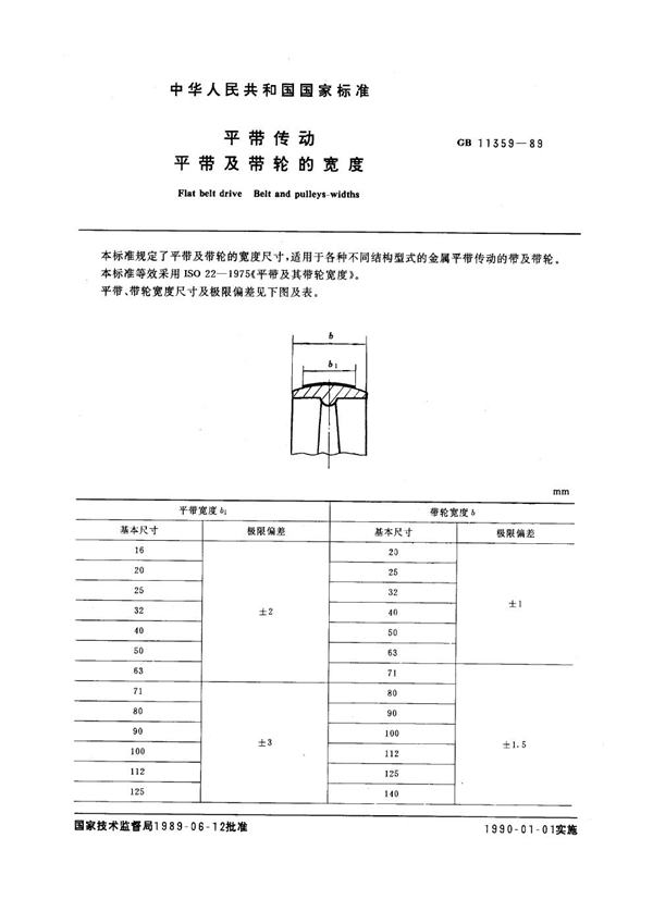 GB 11359-1989 平带传动 平带及带轮的宽度