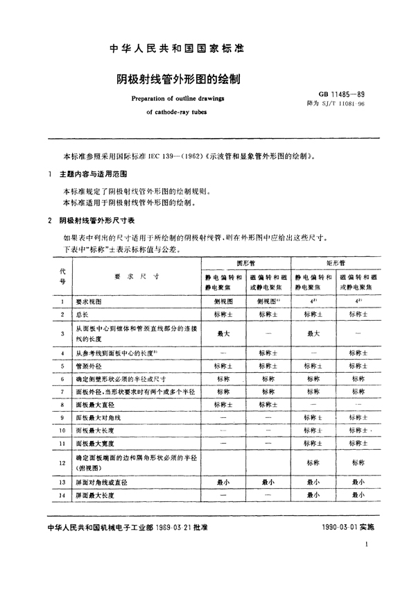 GB 11485-1989 阴极射线管外形图的绘制