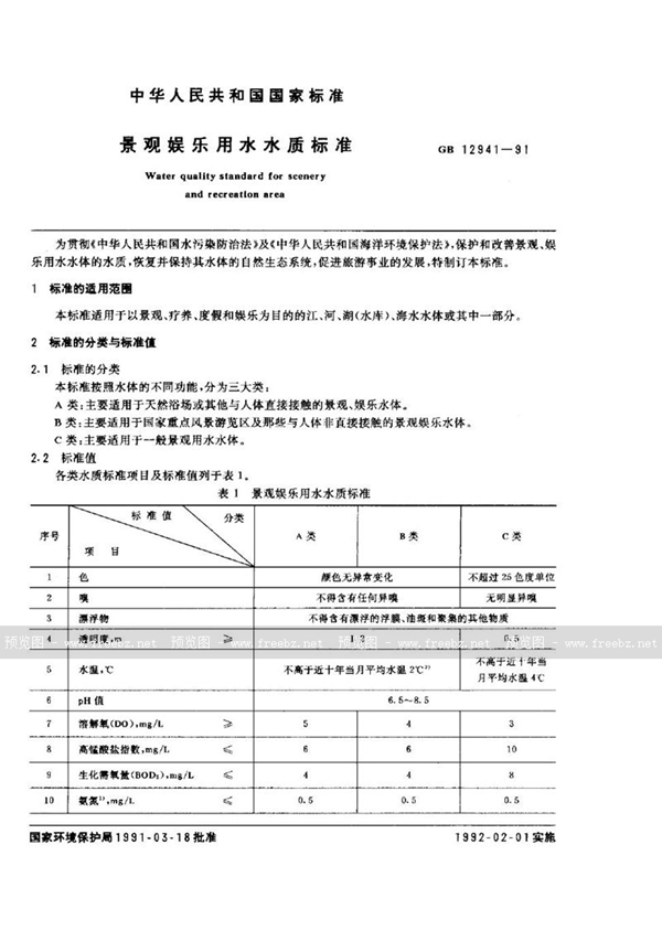 GB 12941-1991 景观娱乐用水水质标准