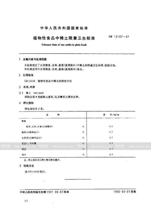 GB 13107-1991 植物性食品中稀土限量卫生标准