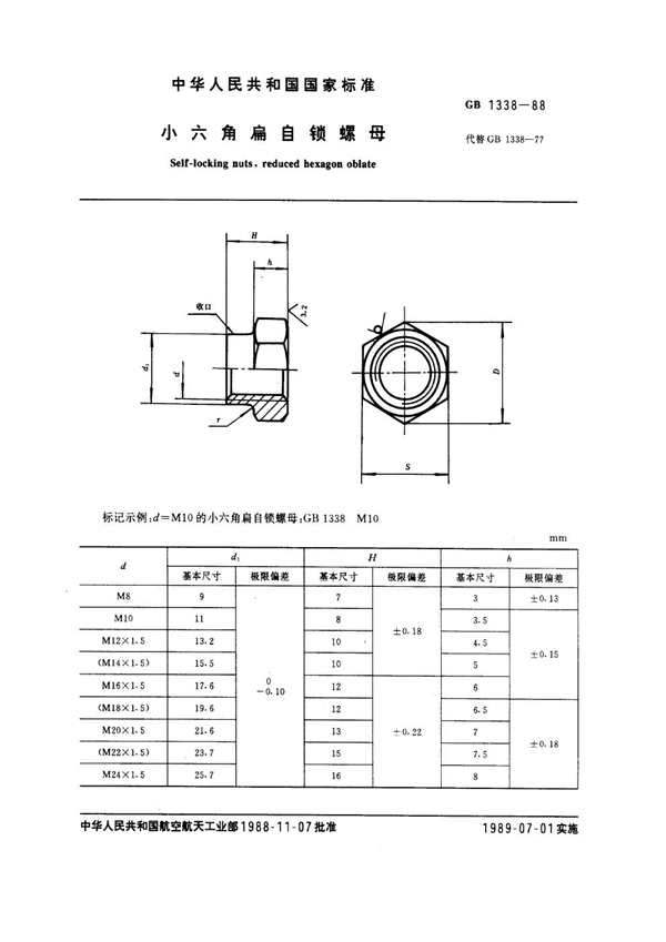 GB 1338-1988 小六角扁自锁螺母