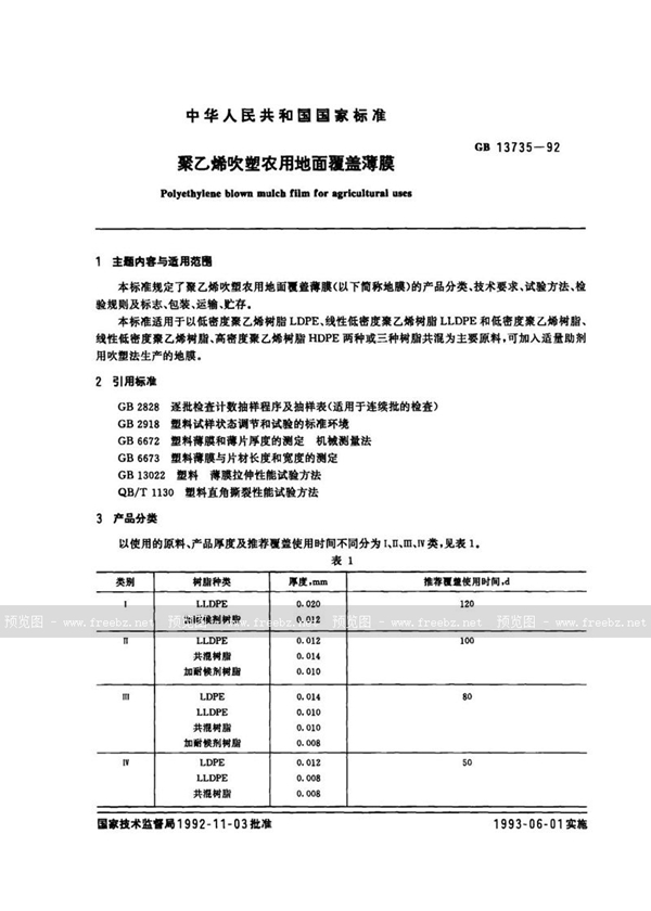 GB 13735-1992 聚乙烯吹塑农用地面覆盖薄膜