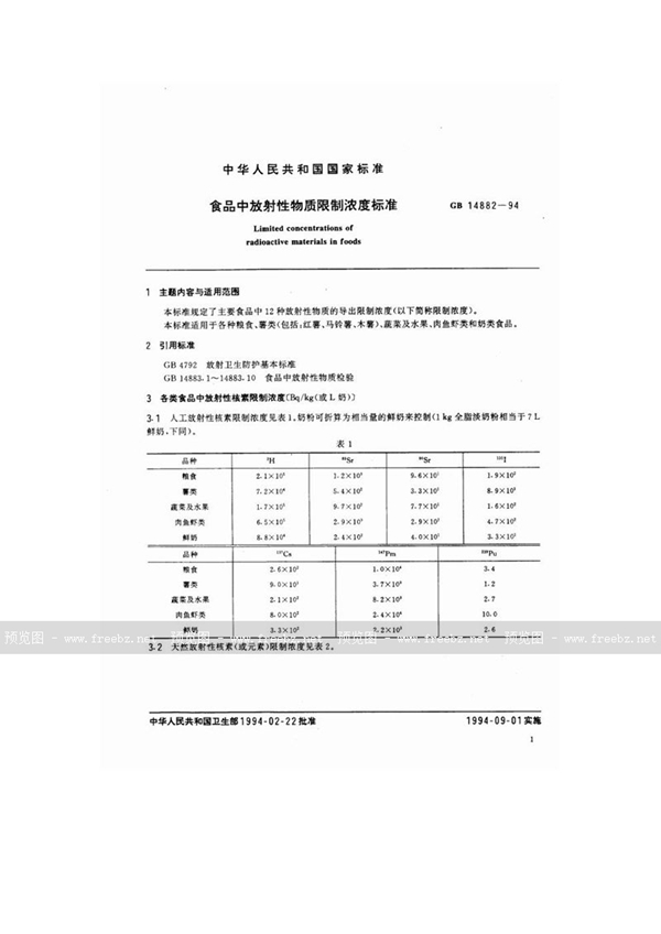 GB 14882-1994 食品中放射性物质限制浓度标准