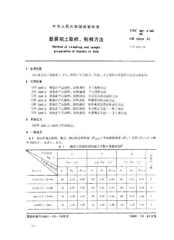 GB 2009-1987 散装矾土取样、制样方法