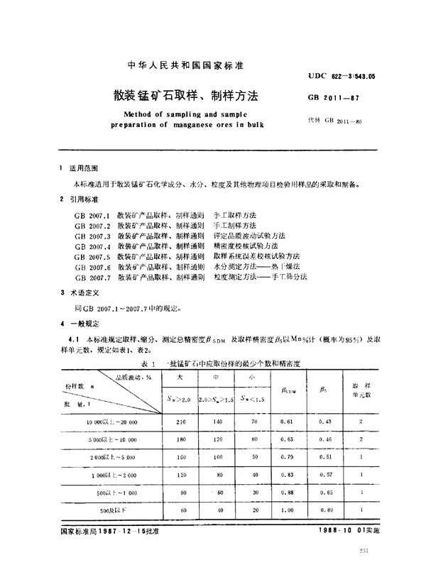 GB 2011-1987 散装锰矿石取样、制样方法