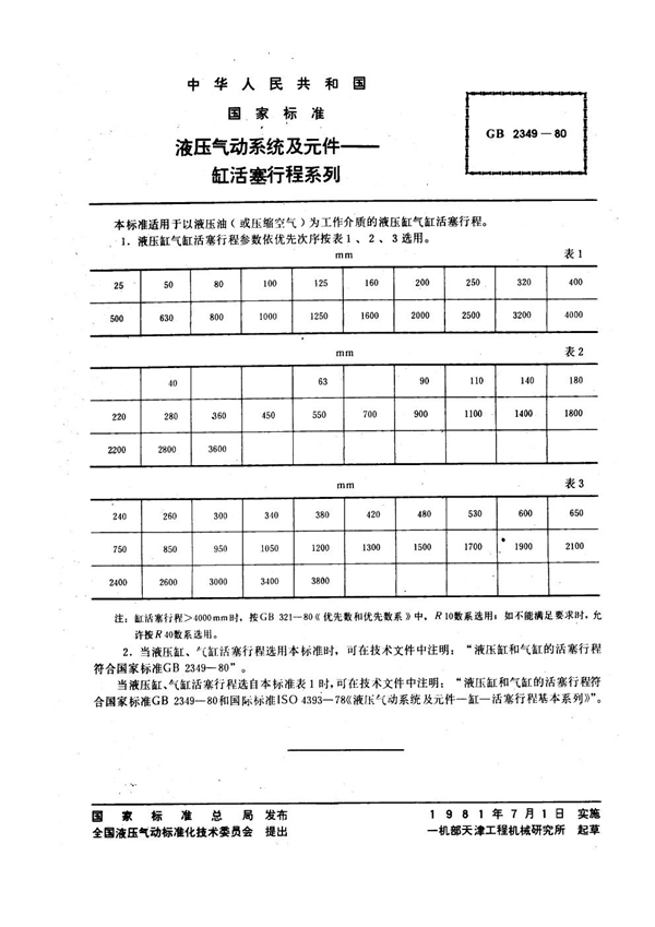 GB 2349-1980 液压气动系统及元件 缸活塞行程系列