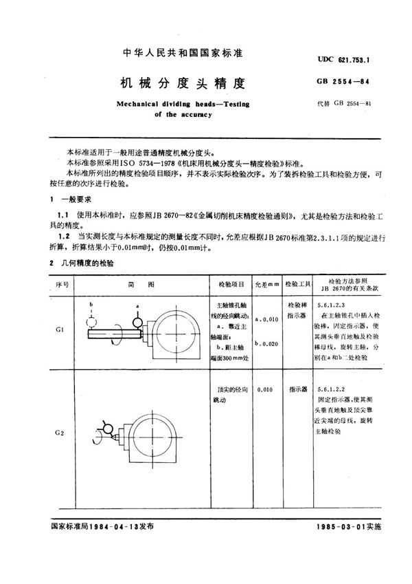 GB 2554-1984 机械分度头精度