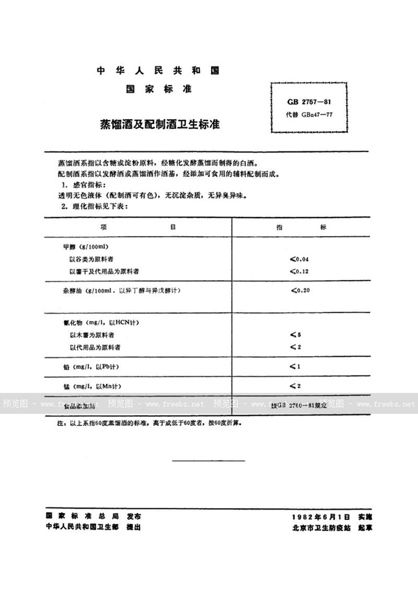 GB 2757-1981 蒸馏酒及配制酒卫生标准