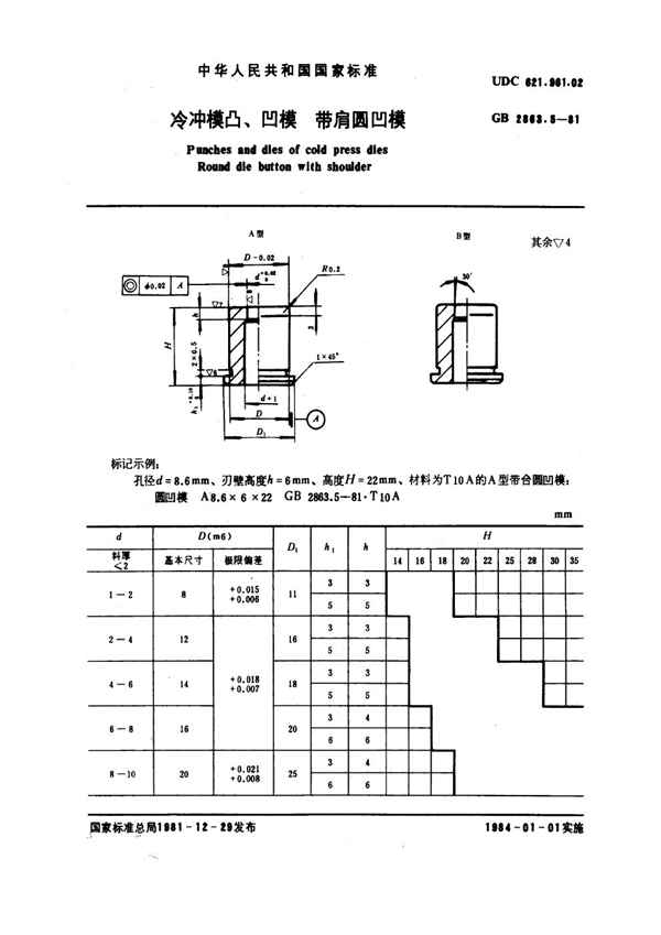 GB 2863.5-1981 冷冲模凸、凹模 带肩圆凹模