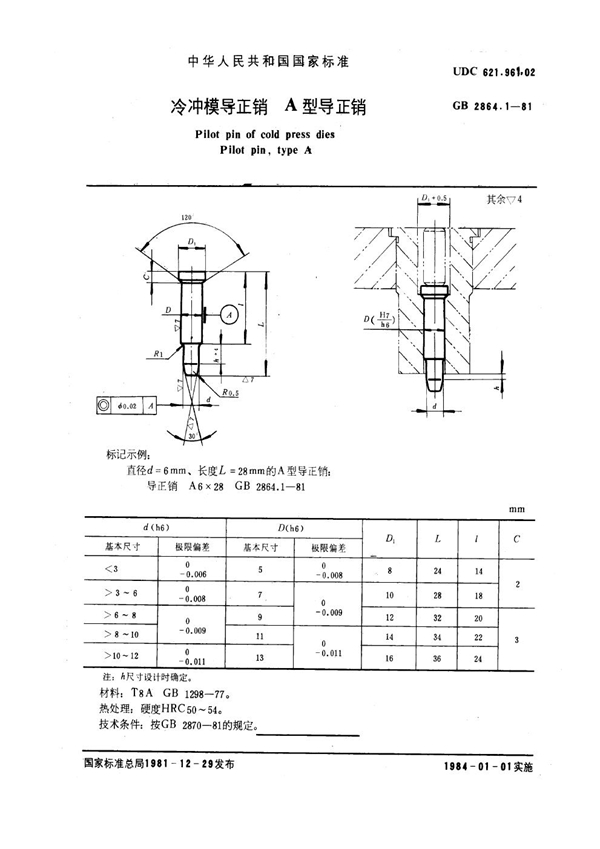 GB 2864.1-1981 冷冲模导正销 A型导正销