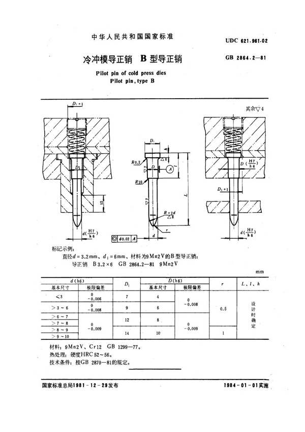 GB 2864.2-1981 冷冲模导正销 B型导正销