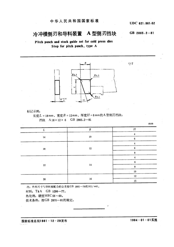 GB 2865.2-1981 冷冲模侧刃和导料装置 A型侧刃挡块