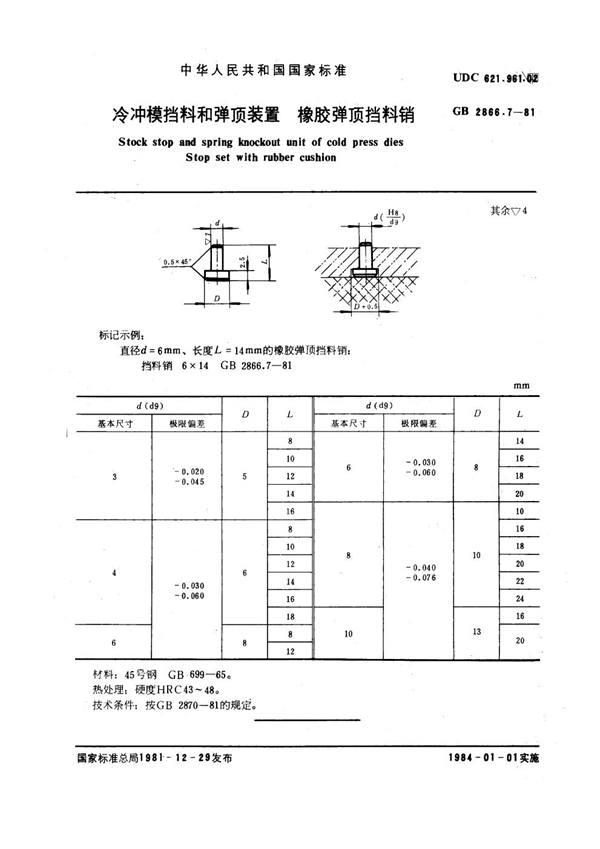 GB 2866.7-1981 冷冲模挡料和弹顶装置 橡胶弹顶挡料销