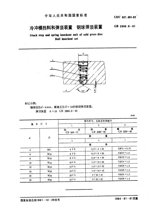 GB 2866.9-1981 冷冲模挡料和弹顶装置 钢球弹顶装置