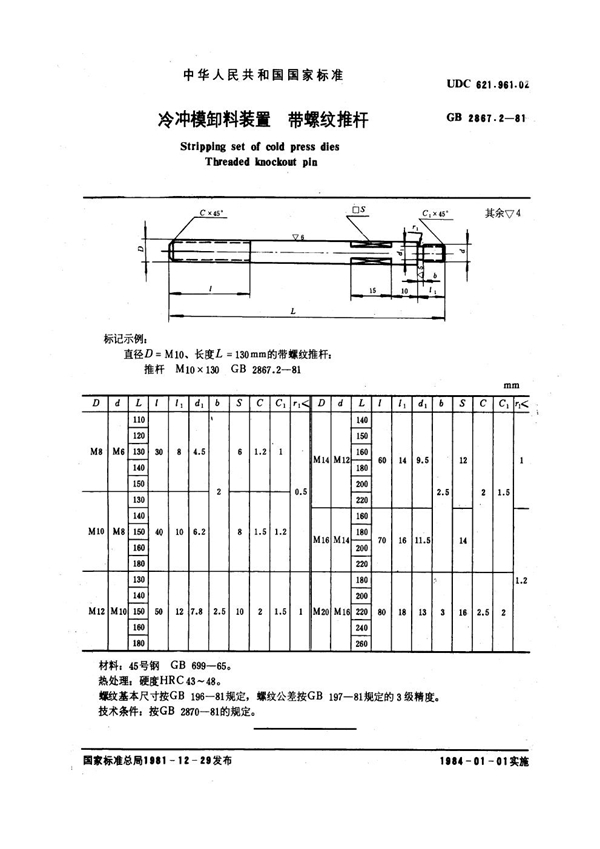 GB 2867.2-1981 冷冲模卸料装置 带螺纹推杆