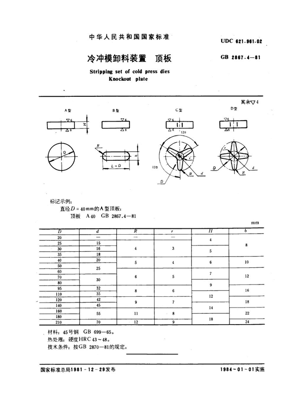 GB 2867.4-1981 冷冲模卸料装置 顶板