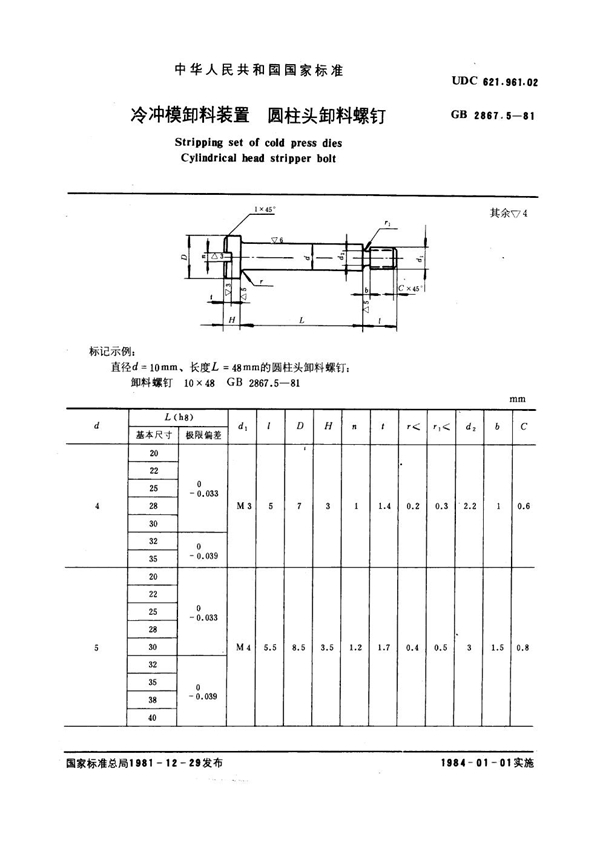 GB 2867.5-1981 冷冲模卸料装置 圆柱头卸料螺钉