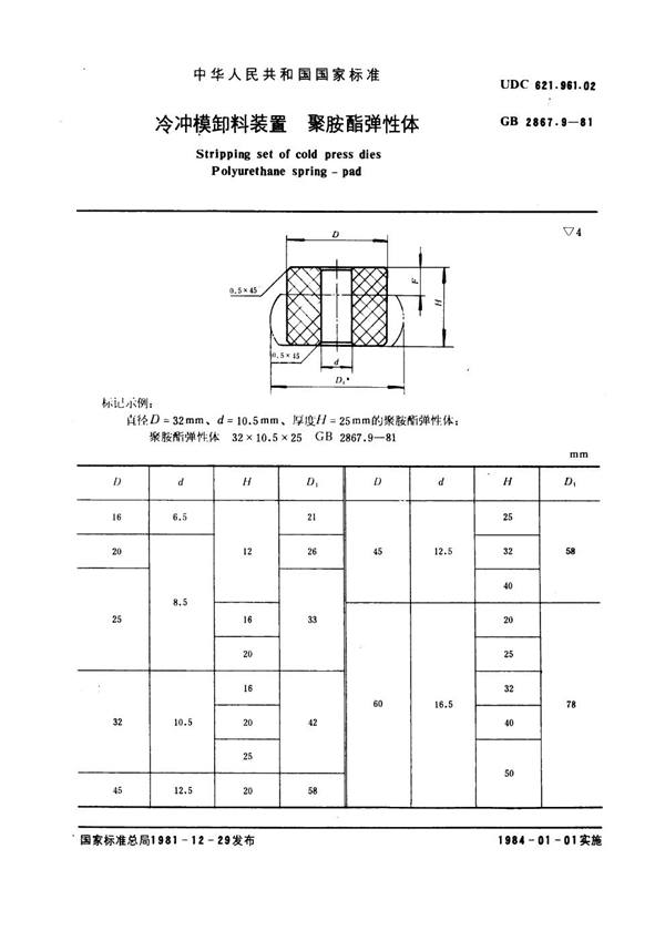 GB 2867.9-1981 冷冲模卸料装置 聚胺酯弹性体