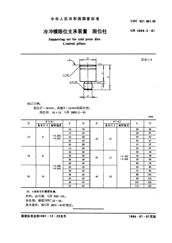 GB 2869.2-1981 冷冲模限位支承装置 限位柱