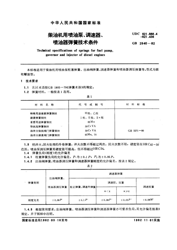 GB 2940-1982 柴油机用喷油泵、调速器、喷油器弹簧技术条件