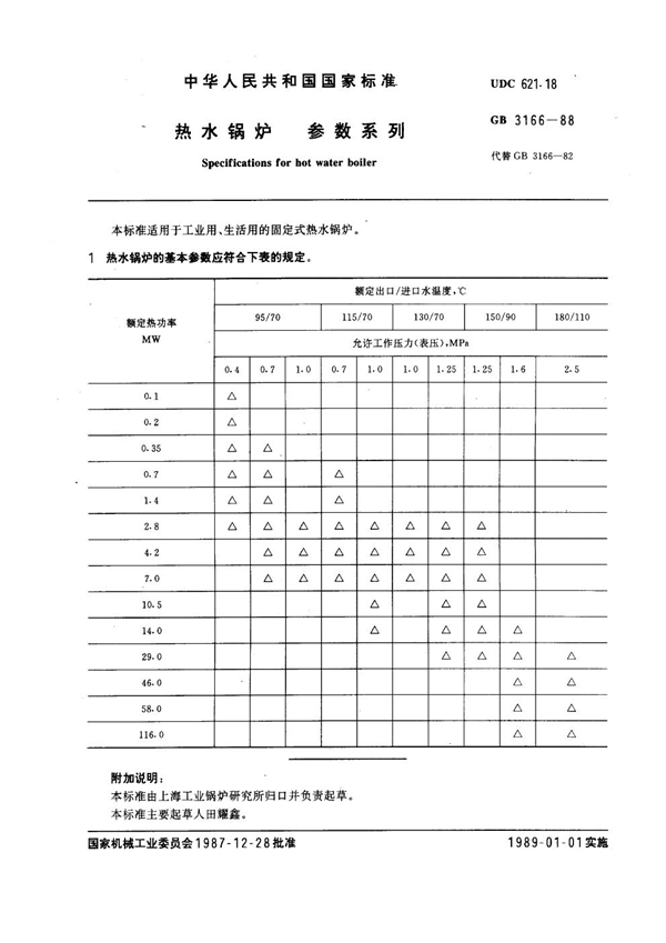 GB 3166-1988 热水锅炉 参数系列