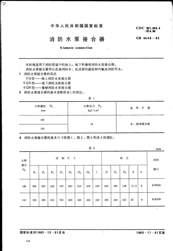 GB 3446-1982 消防水泵接合器