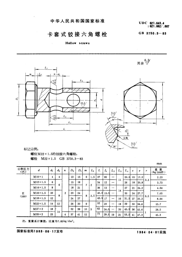 GB 3750.3-1983 卡套式铰接六角螺栓