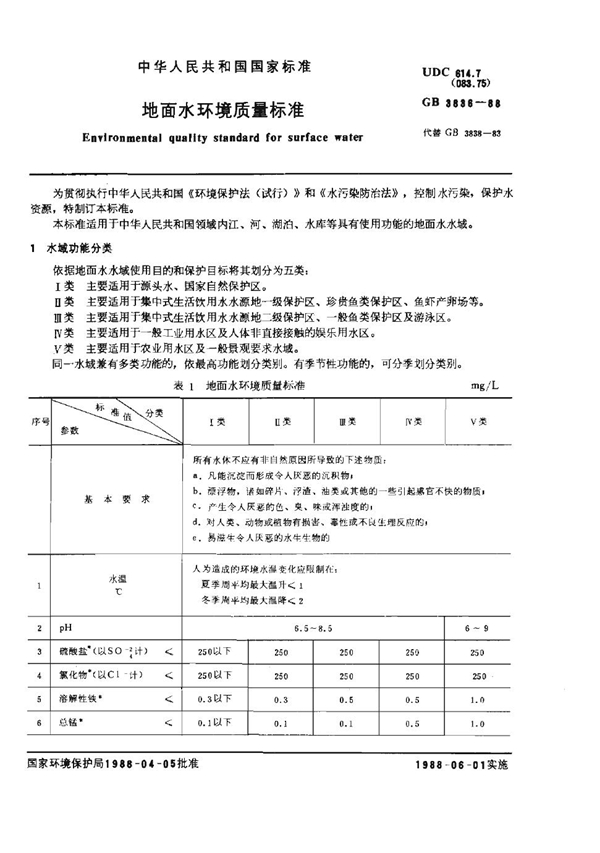 GB 3838-1988 地面水环境质量标准