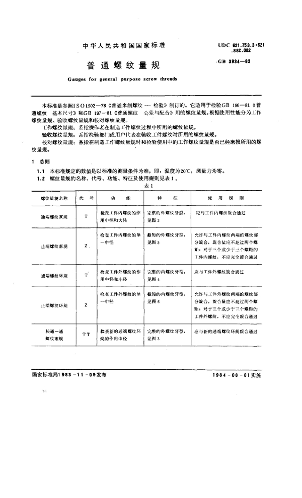 GB 3934-1983 普通螺纹量规