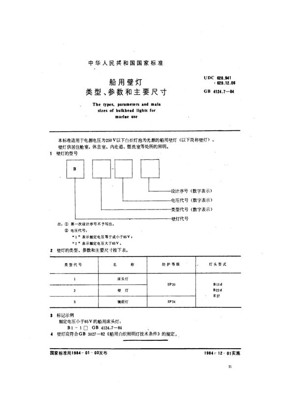 GB 4124.7-1984 船用壁灯类型、参数和主要尺寸