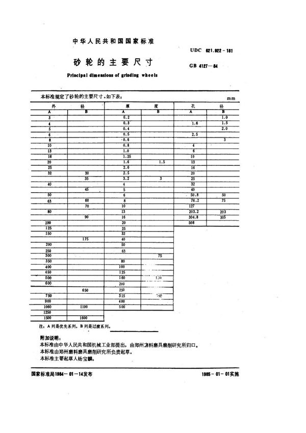 GB 4127-1984 砂轮的主要尺寸