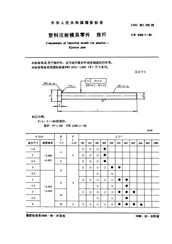 GB 4169.1-1984 塑料注射模具零件 推杆