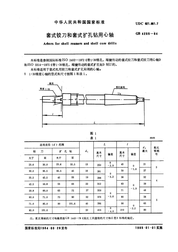 GB 4255-1984 套式铰刀和套式扩孔钻用心轴