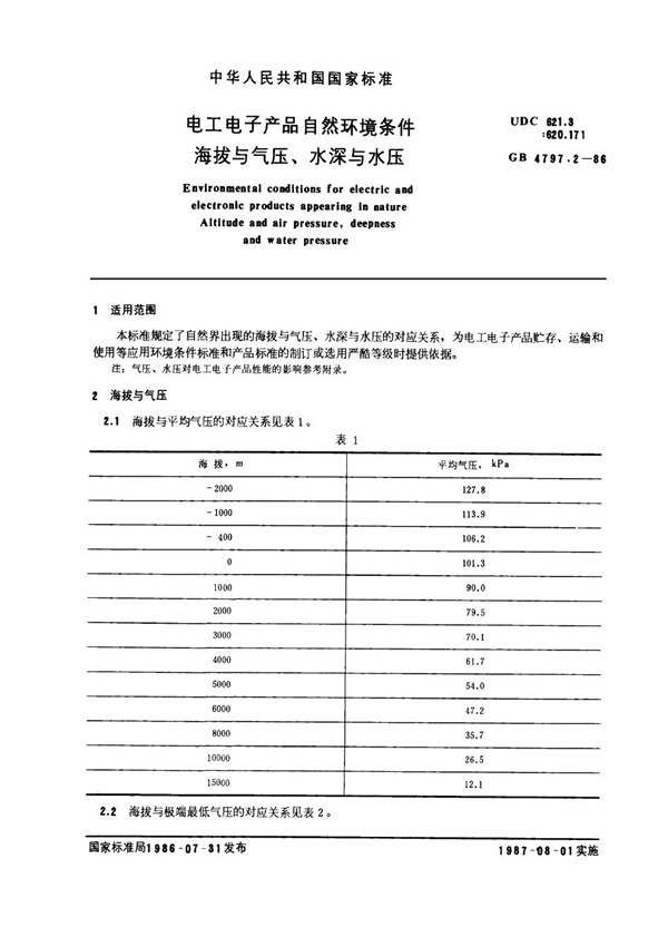 GB 4797.2-1986 电工电子产品自然环境条件 海拔与气压、水深和水压