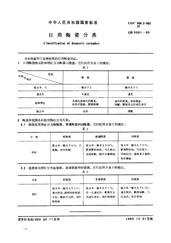 GB 5001-1985 日用陶瓷分类