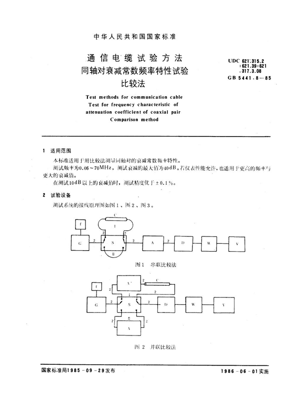 GB 5441.8-1985 通信电缆试验方法 同轴对衰减常数频率特性试验 比较法