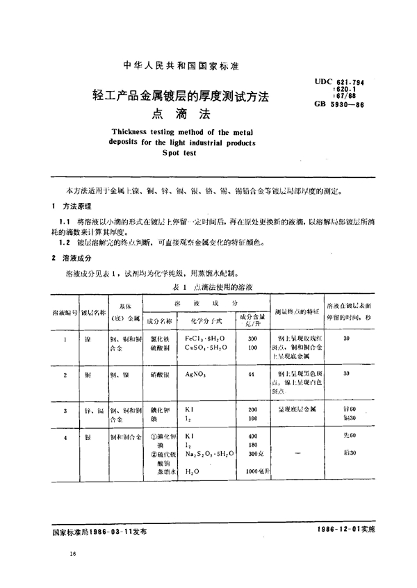 GB 5930-1986 轻工产品金属镀层的厚度测试方法点滴法