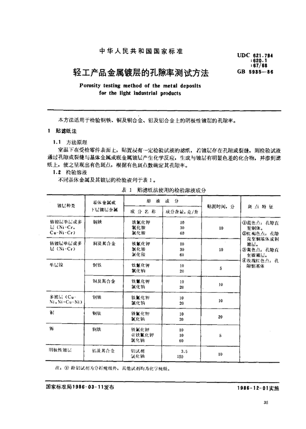 GB 5935-1986 轻工产品金属镀层的孔隙率测试方法