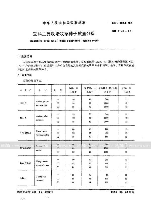 GB 6141-1985 豆科主要栽培牧草种子质量分级